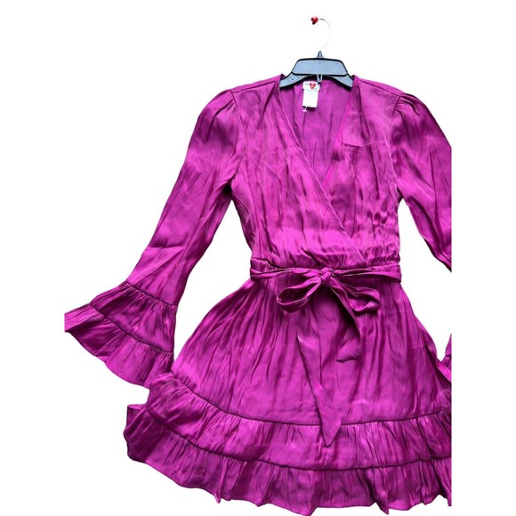 Metallic Fuchsia Tiered Satin Pleated Belted A Line V Neck Womens Medium Dress - Picture 4 of 16